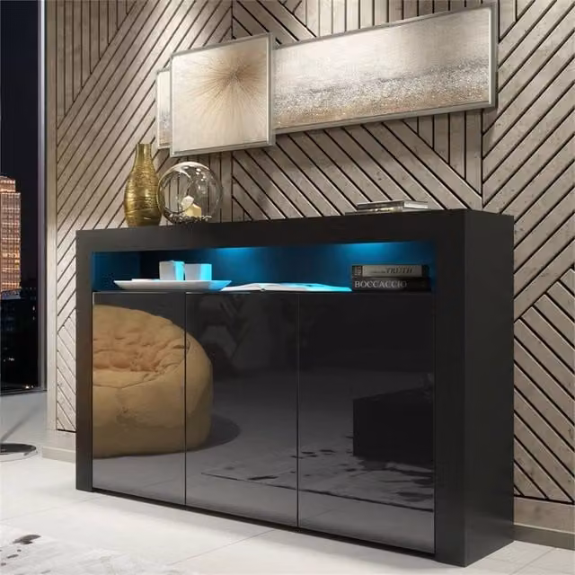PAWNORA Modern TV Stand Sideboard with Integrated Lighting, Black Matt Body and Black Gloss Doors