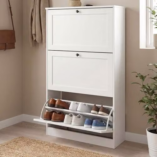 Levede Modern White Slim Shoe Cabinet with Tilting Compartments and Internal Shelves, H 117 x W 80 x D 24 cm – 1