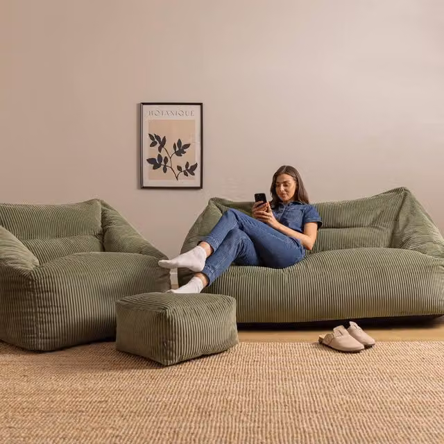 icon Bean Bag Sofa and Footstool Bundle in Green Jumbo Corduroy, Medium