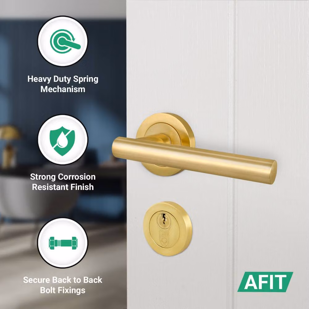 AFIT Satin Brass Euro Cylinder Door Handle Lock and Hinges Complete Set in Gold – 2