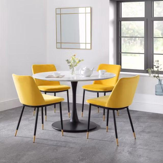 Julian Bowen Holland Round Marble Dining Table and Delaunay Chairs Set in Yellow