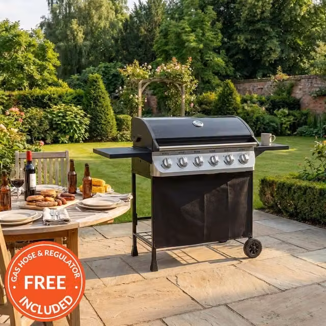 BBQ Chef Perth Six Burner Gas BBQ in Black Steel with Warming Rack and Thermometer