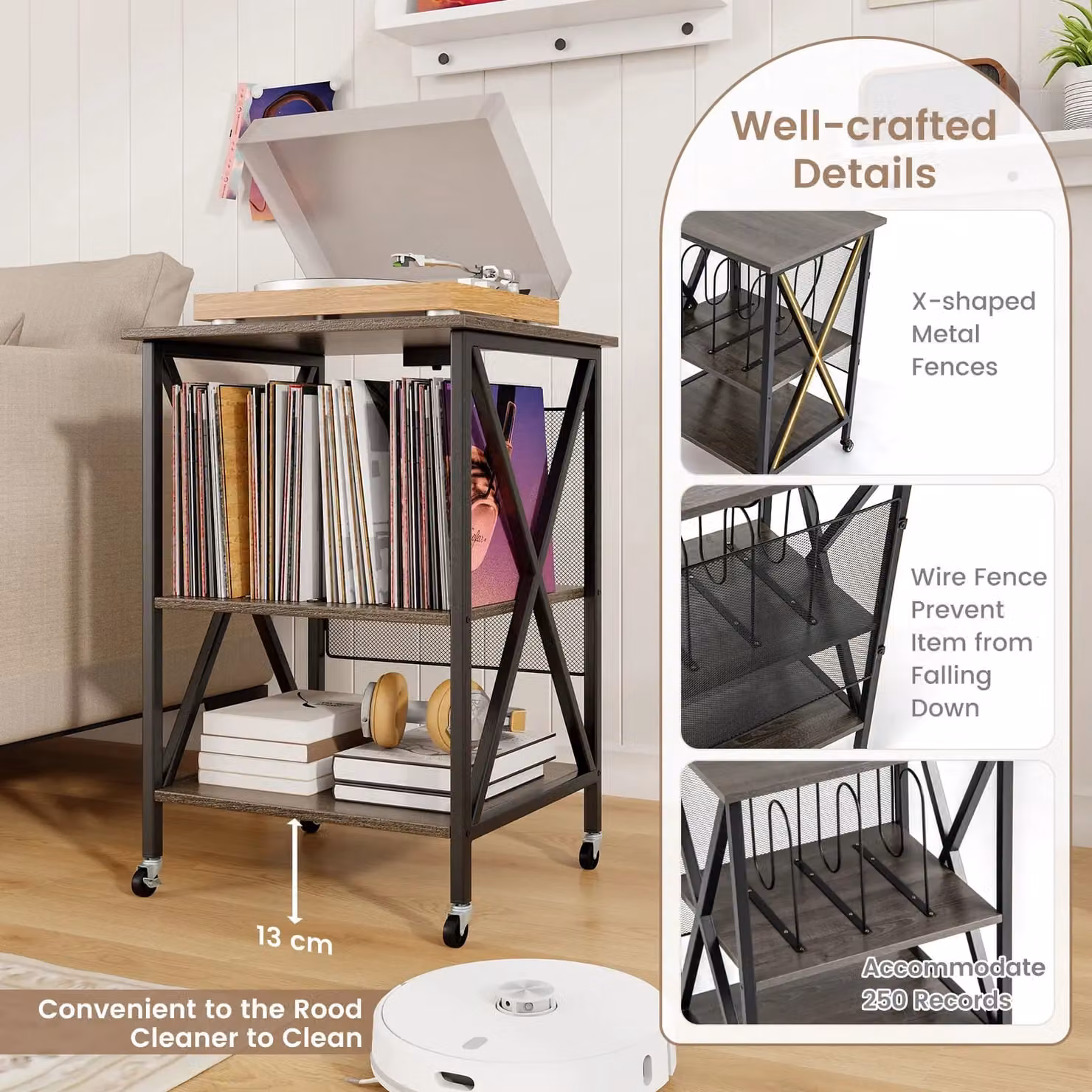 Costway Grey Industrial Record Player Stand and Vinyl Storage Cabinet with Castors – 5