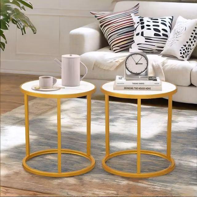 Pirlo Plush Set of 2 Round Faux Marble Bedside Tables in Gold – 1