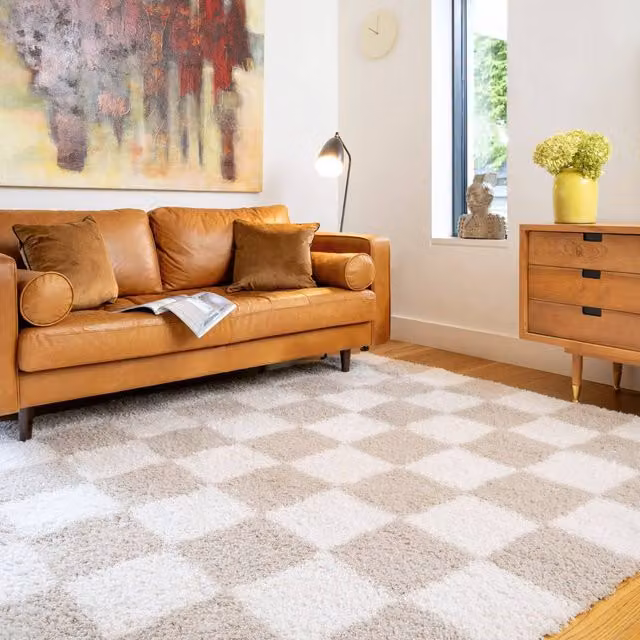 Kukoon Beige Shaggy Checkerboard Living Room Area Rug W: 80 cm, L: 300 cm