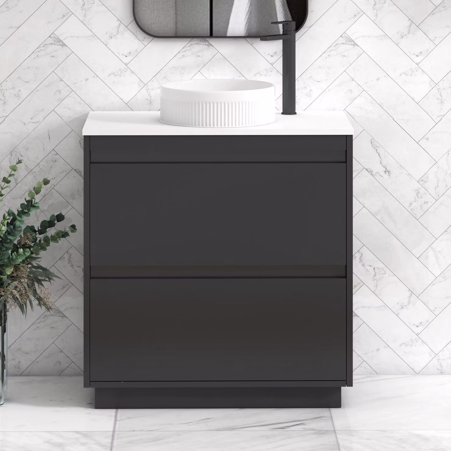 Royal Bathrooms Orion 800mm Matt Obsidian Black and Plain White Freestanding Bathroom Vanity Unit with 2 Drawers, Stone Countertop and Round Basin
