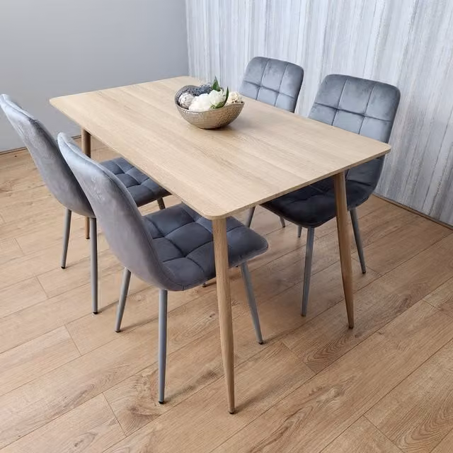 Kosy Koala Modern Round Oak Dining Table and 4 Grey Velvet Chairs Set
