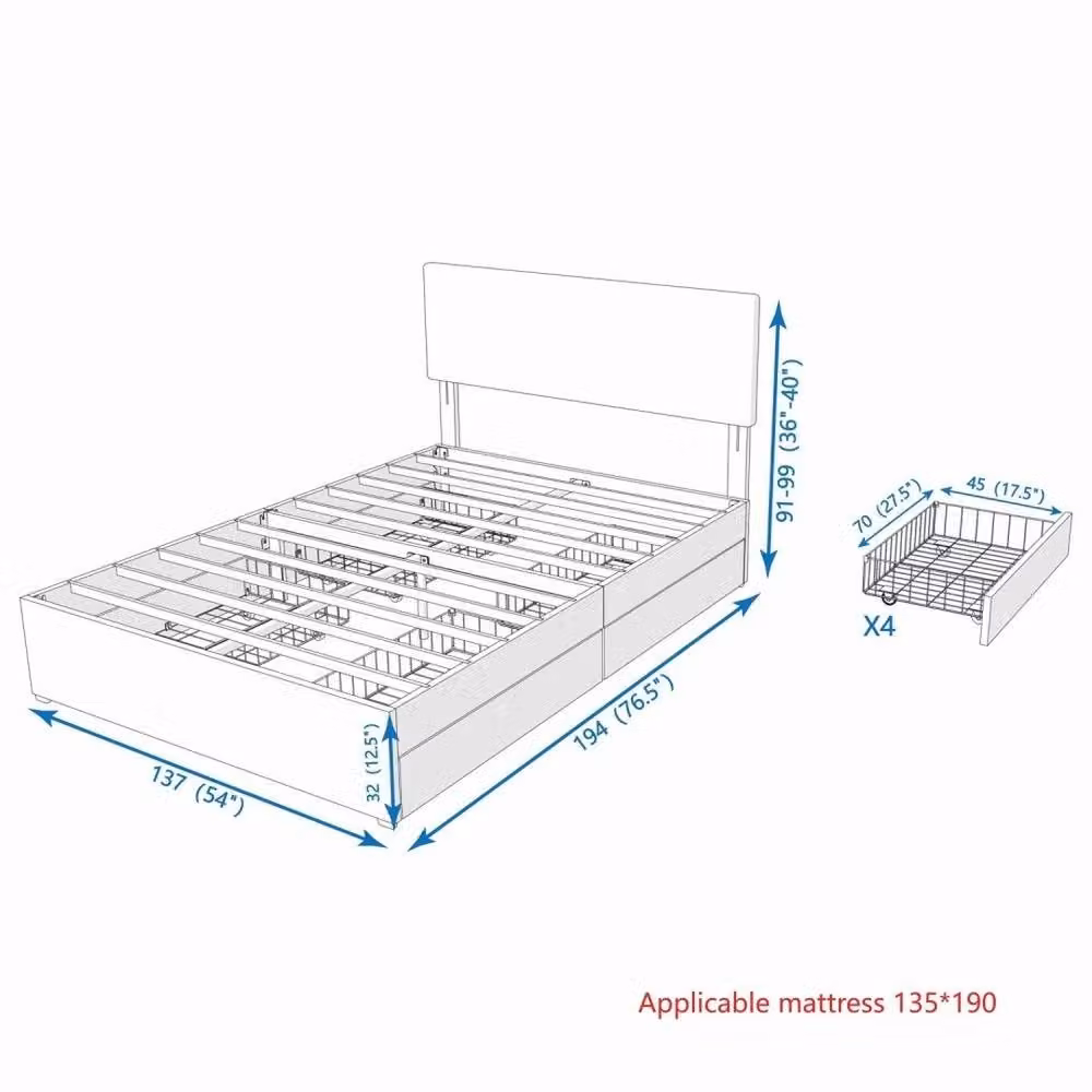 VOGREX Upholstered Double Bed Frame with 4 Drawers and Adjustable Headboard in Grey, W/D/H: 140 x 200 cm – 2