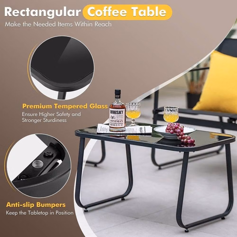 KORVIXA Modern Black Patio Conversation Set with 2-Seater Sofa, Armchair, Coffee Table and Cushions – 4