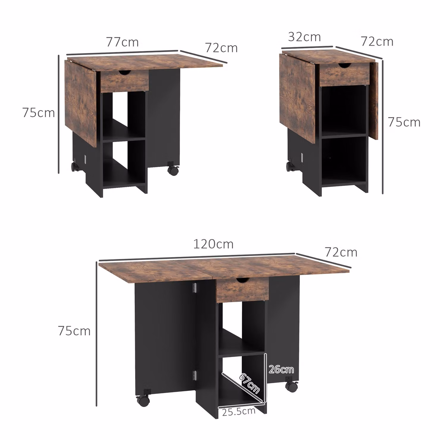 HOMCOM Folding Butterfly Leaf Dining Table with Storage Shelves and Drawer in Rustic Brown – 3
