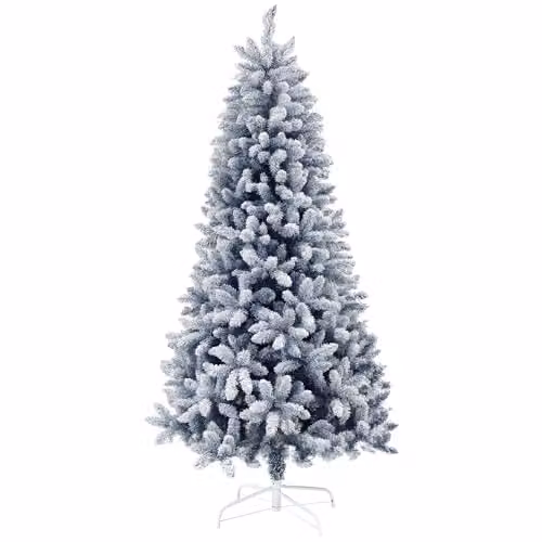 HOMCOM 6ft Blue Flocked Artificial Christmas Tree with Snow Frosted Tips – 1