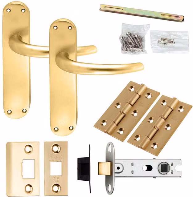 Loops Satin Brass Slim Round Bar Lever Door Handle and Latch Pack with Curved Backplate