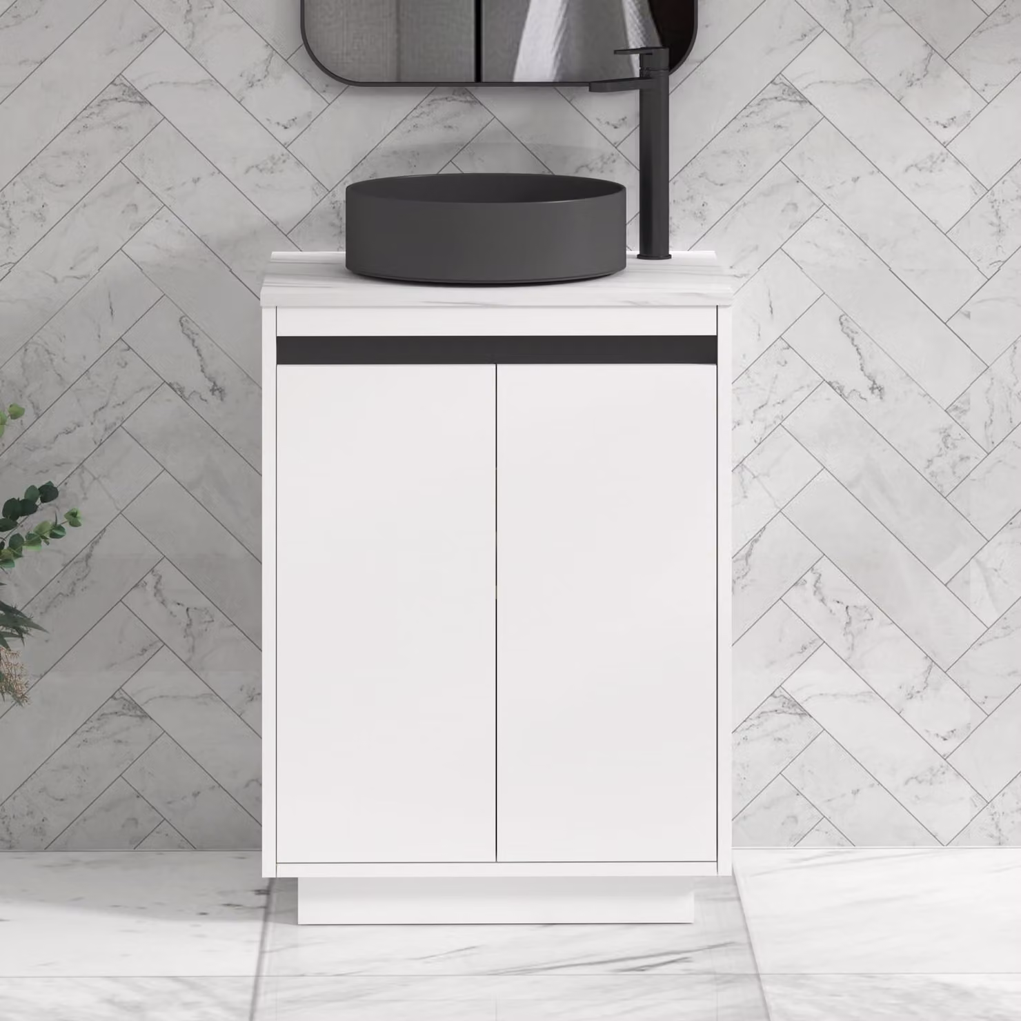 Royal Bathrooms Orion 600mm Matt White Floor Standing Countertop Vanity Unit with 2 Soft Close Doors, Art Round Basin and Black Accent Trim
