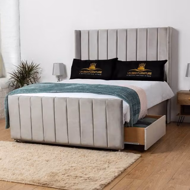 UK Bed Furniture Seoul Silver Velvet Wingback Divan Bed with 54 Inch Headboard and 2 Drawers, Small Double, W/D/H: 120 x 200 cm