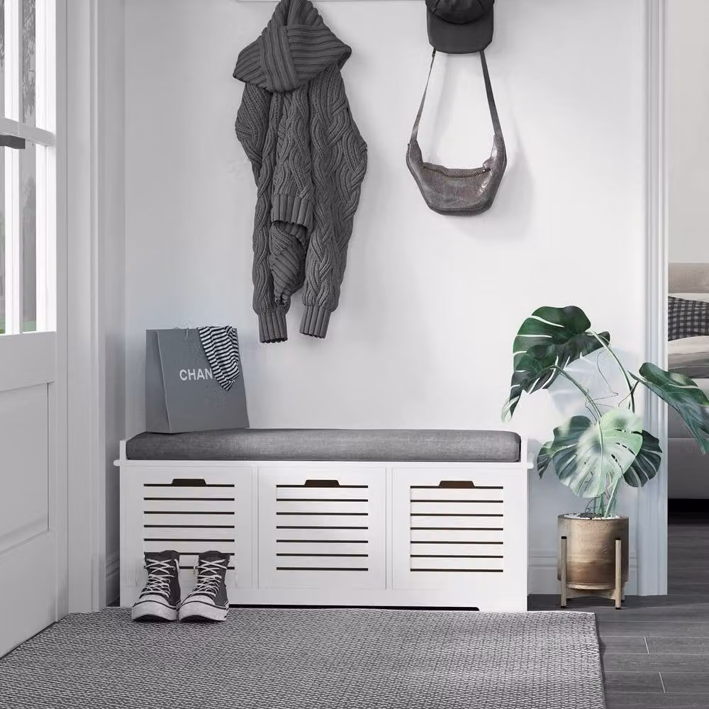 STILVORA Shoe Storage Bench with 3 Drawers and Grey Linen Seat in White – 2