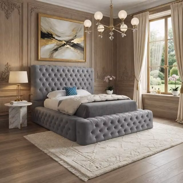Casani Isleham Grey Upholstered Chesterfield Bed Frame, W/D/H: 180 x 137 x 201 cm