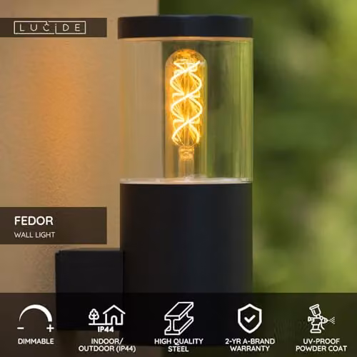 Lucide Fedor Black Metal Wall Light for Indoor and Outdoor Use, IP44, E27 – 2