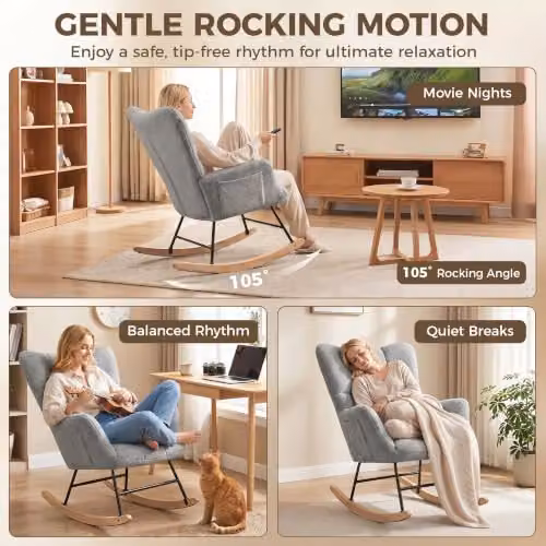 HOMCOM Teddy Fleece Rocking Chair in Grey with Armrests, W/D/H: 66 x 90 x 90 cm – 3