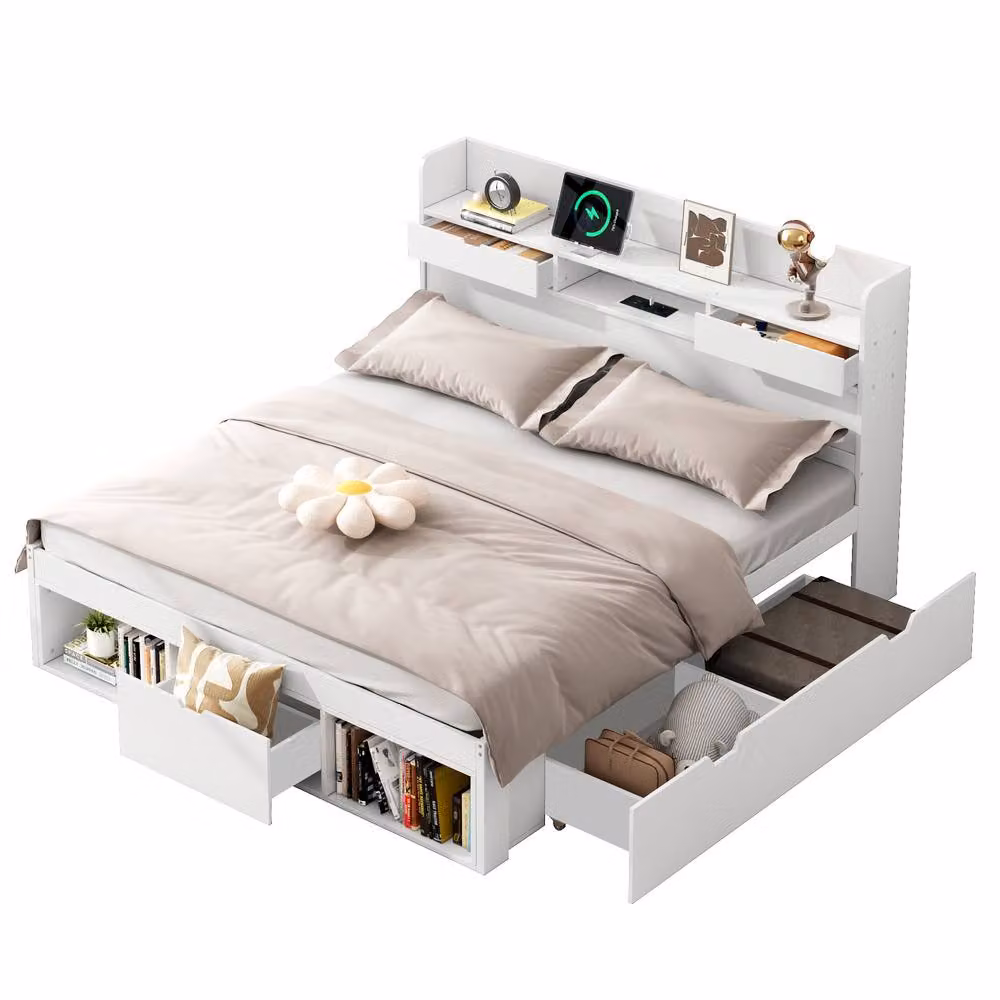 ModernLuxe Kids Double Bed in White with Storage Headboard, Drawers, USB Charging Port and Bedside Shelf, W/D/H: 140 x 190 x 102 cm – 4