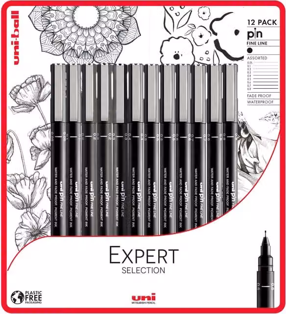 Uniball Black Fineliner Drawing Pens, Pack of 12