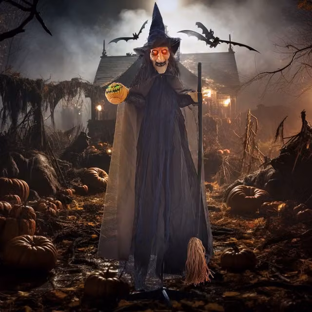 HOMCOM Halloween Witch with Broomstick Animatronic Prop with Light Up Eyes in Brown – 1