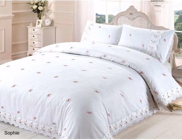 Rapport Sophie Laced Classical Duvet Cover and Pillowcase Set, Floral Vintage Design, White, Pink and Cream, 200 x 200 cm