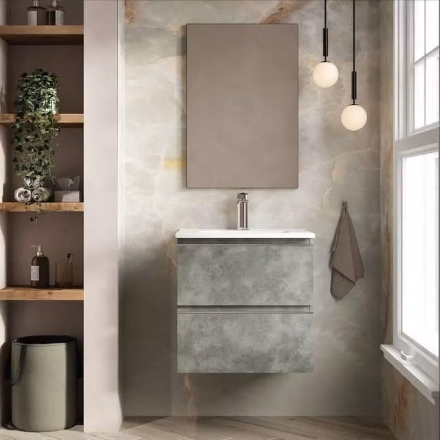 Banyetti Vatilla 600mm Wall Hung Vanity Unit with Lira Basin in Cemento Grey – 1