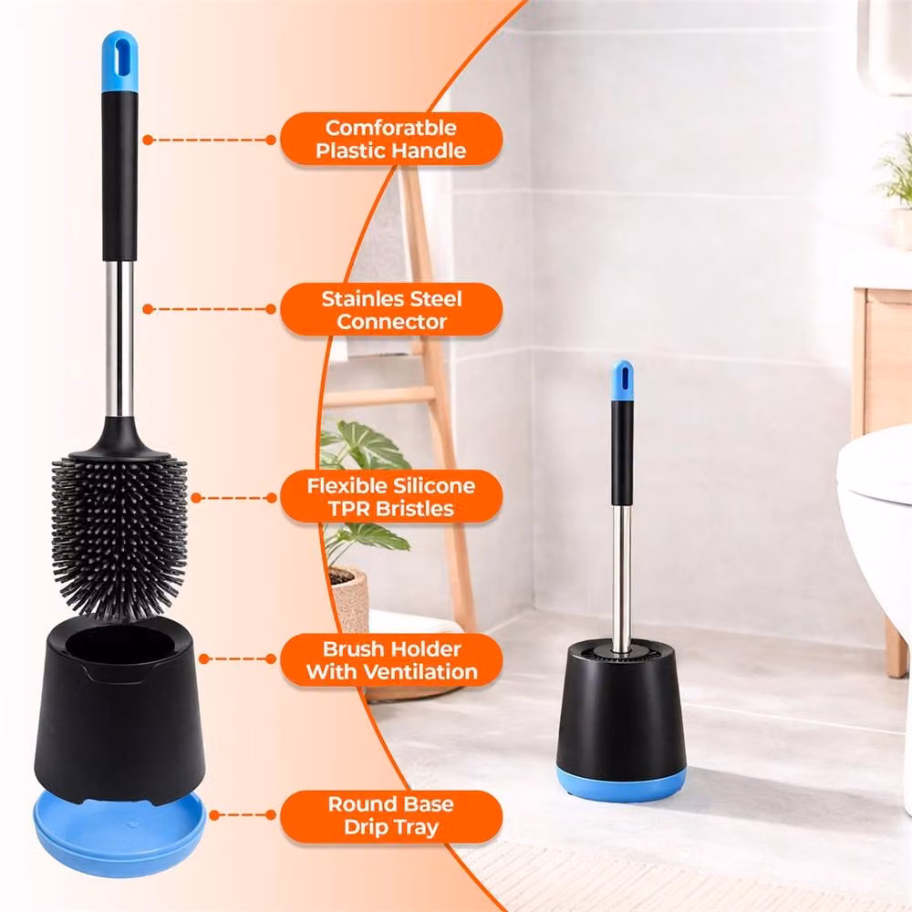 VOGREX Black Flexible Silicone Toilet Brush Set with Holder – 4