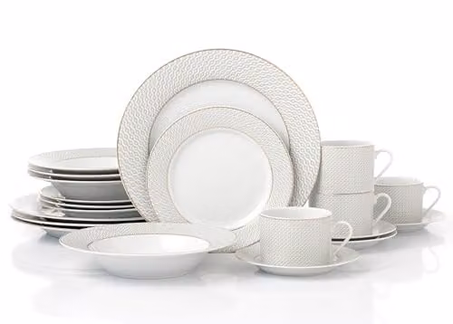Waterside 20-Piece Premium Diamond Decor Porcelain Dinnerware Set with Gold Band in White