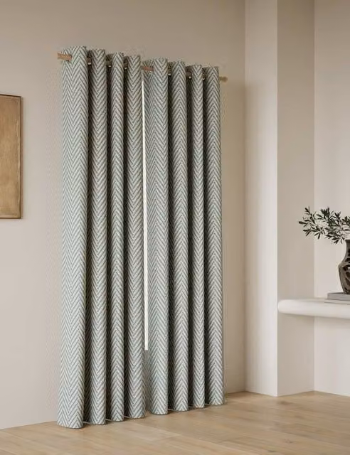 M&S Blue Textured Herringbone Eyelet Curtains