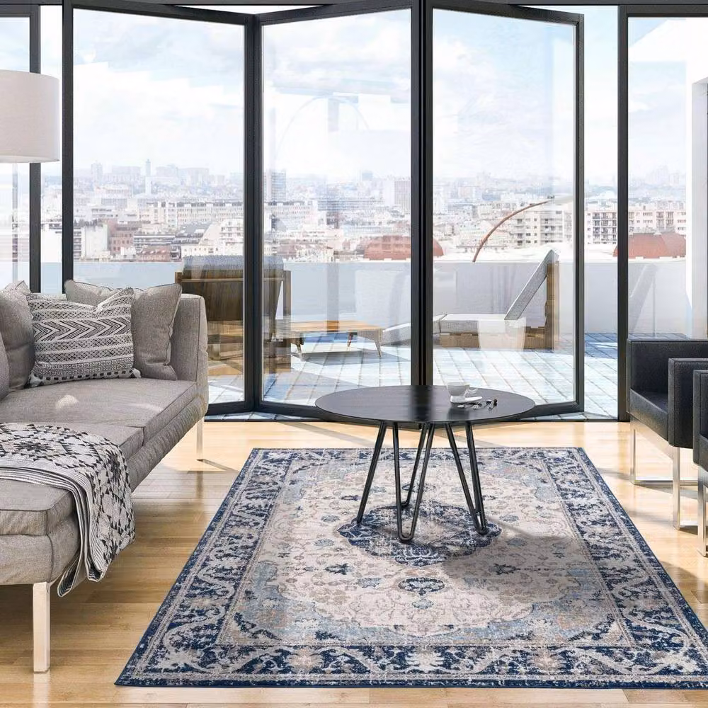 THE RUGS Montana Medallion Navy and Cream Living Room Area Rug in Blue, W: 240 cm, D: 340 cm – 2