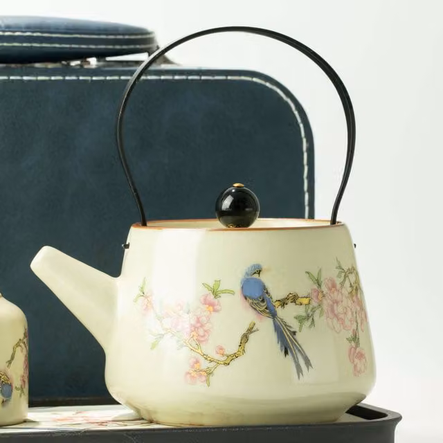 Serenityy Blue Bird Qing Dynasty Ceramic Travel Teapot Set with Two Cups in Blue and White Floral Design