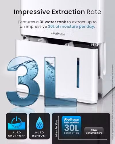 Pro Breeze Smart Dehumidifier with WiFi App Control, 30L Capacity and 3L Water Tank, White – 3