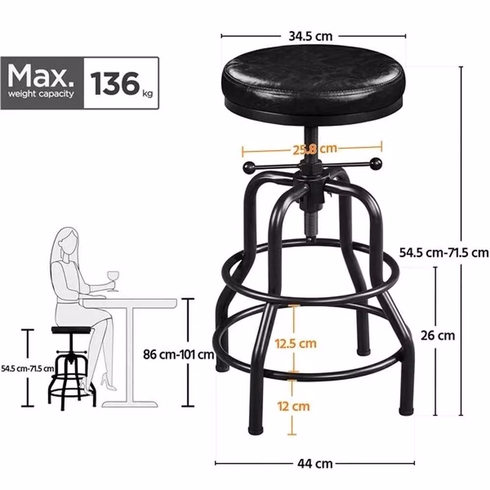 Kelvenix Industrial Swivel Bar Stools in Black Synthetic Leather W/D/H: 34.5 x 34.5 x 71.5 cm – 2