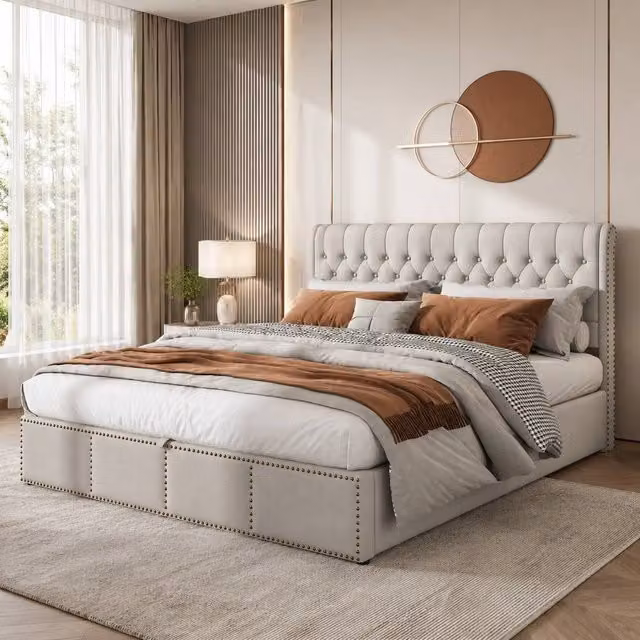 STILVORA Upholstered Super King Bed with Lift Up Storage Base, Grey, W/D/H: 180 x 200 x 102.5 cm – 1