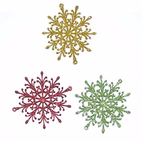 Shatchi 3-Piece Glitter Snowflake and Star Hanging Christmas Tree Decorations in Red, Green and Gold
