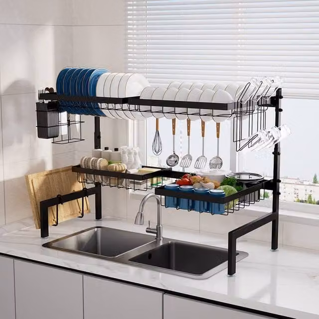 Levede 2-Tier Expandable Over the Sink Dish Drying Rack in Black with Cutlery and Cup Holders – 1