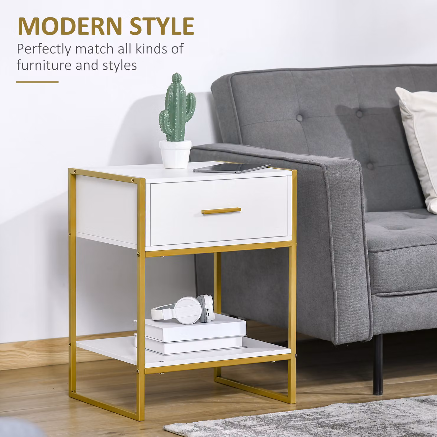 HOMCOM Set of 2 Modern White and Gold Bedside Tables with Drawer and Shelf – 3