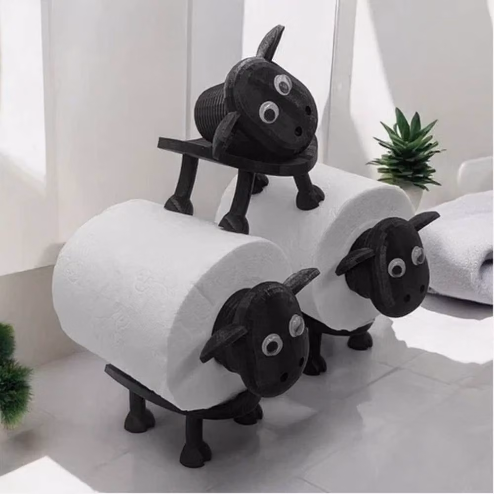 VOGREX 3-Piece Sheep Novelty Toilet Roll Holder and Spare Roll Stand Set, Multicolour, Freestanding Plastic Bathroom Decor – 3