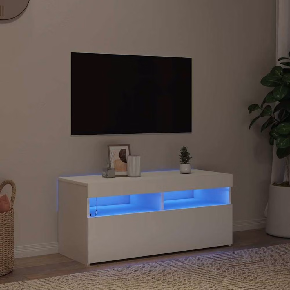 Berkfield Home Modern TV Cabinet with LED Lights, White, W/D/H: 90 x 35 x 40 cm – 2