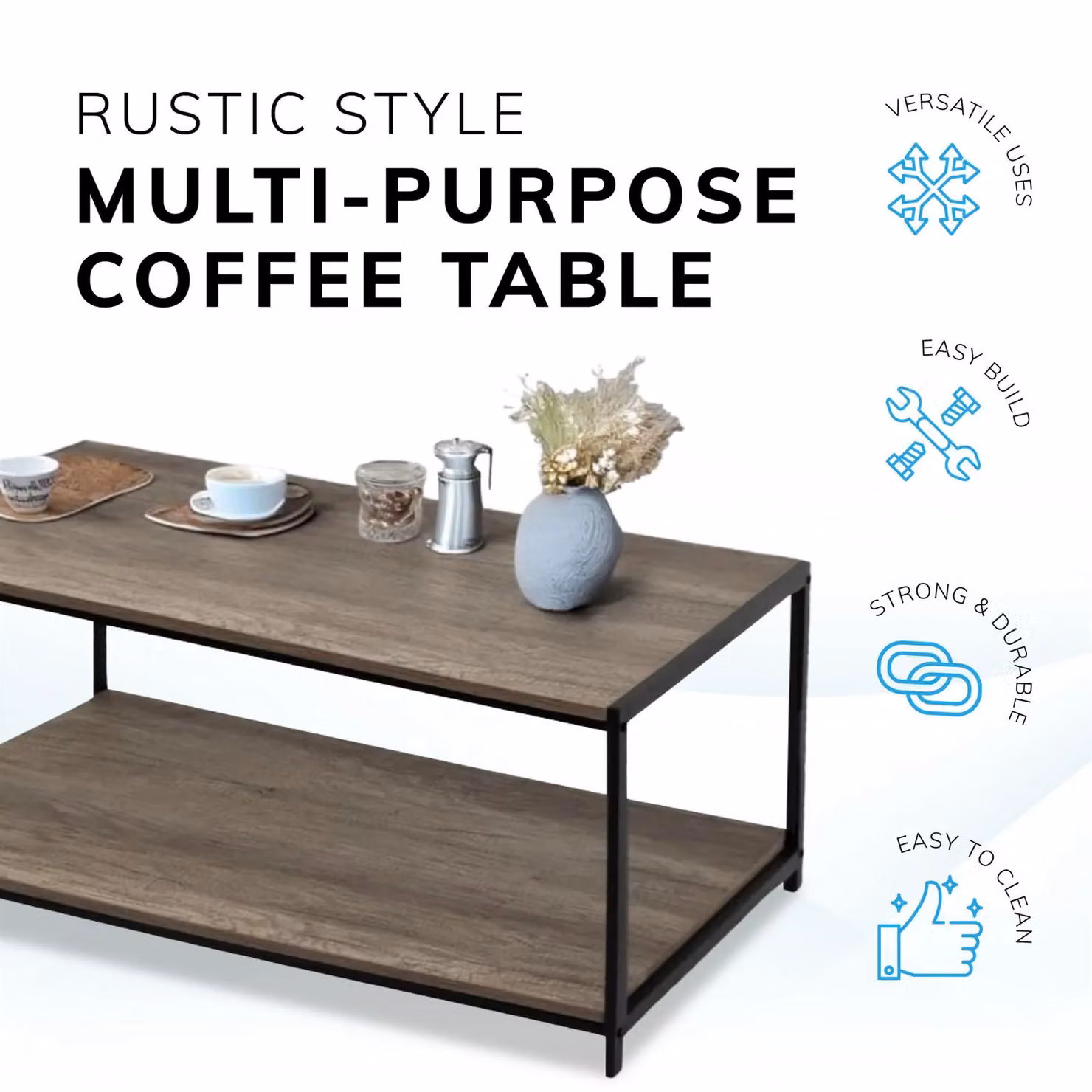 House of Home Rustic 2-Tier Wooden Coffee Table with Storage Shelf in Grey, Black or Brown – 5