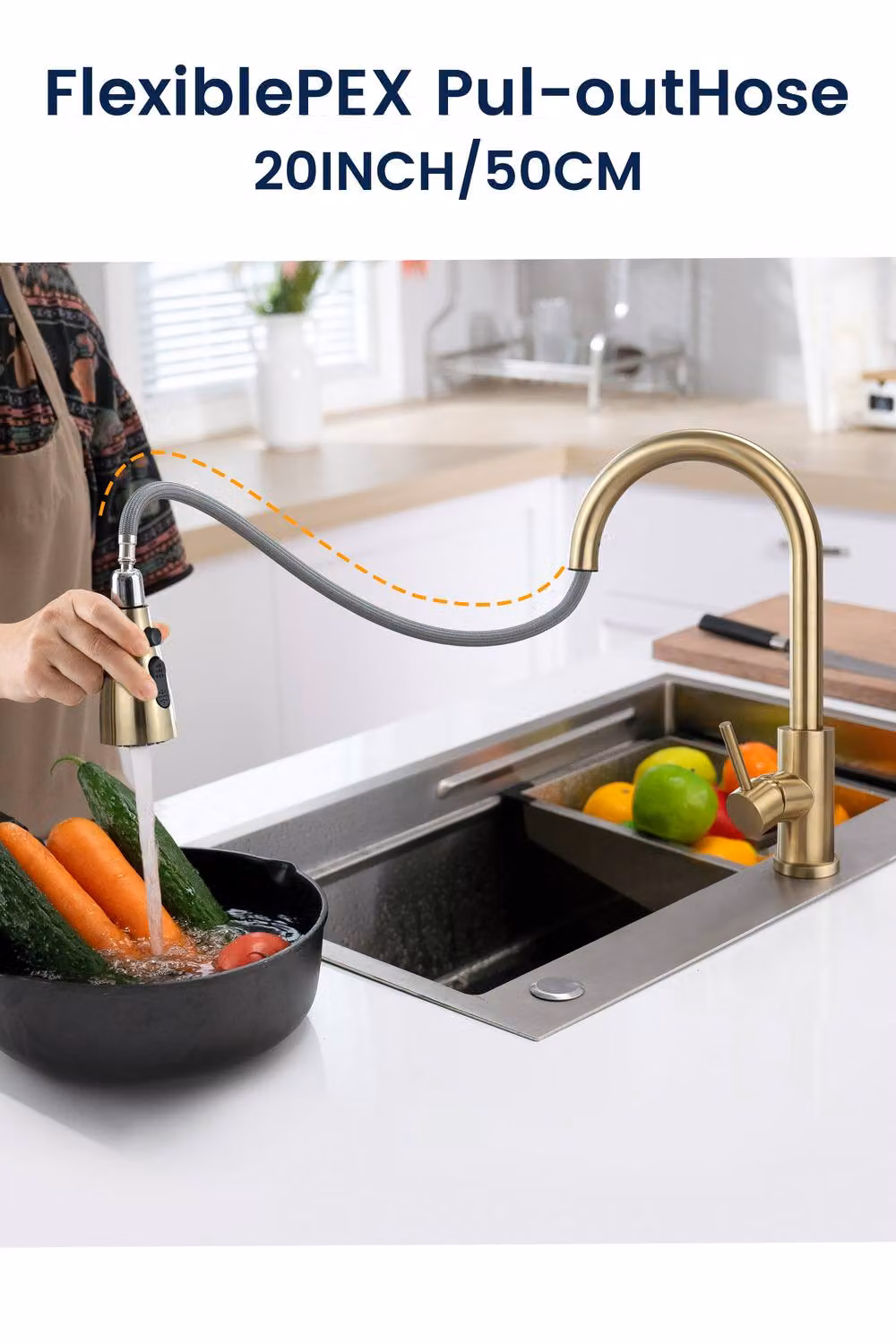 JANLEMNY Brushed Gold Kitchen Mixer Tap with Single Lever and 3-Mode Pull-Out Spray Spout – 5