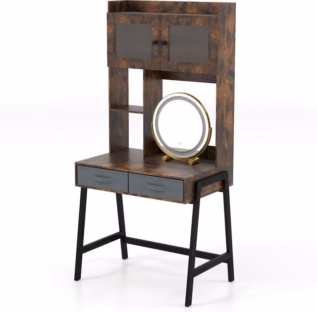 COSTWAY Hollywood LED Makeup Vanity Desk in Brown with Industrial Design