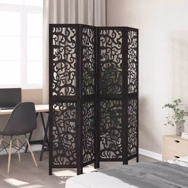 Berkfield Home 4-Panel Room Divider in Black Solid Paulownia Wood, H: 200 cm x H: 145 cm