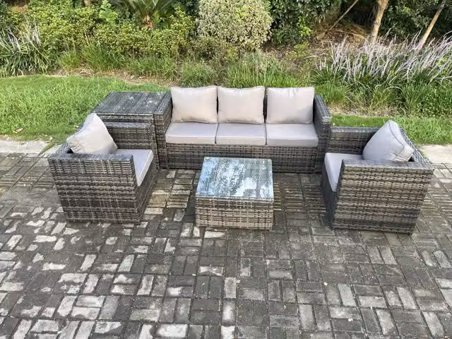 Fimous Outdoor Lounge Sofa Set in Dark Grey, featuring a 3-Seater Sofa, 2 Armchairs, and a Coffee Table with Upholstered Cushions