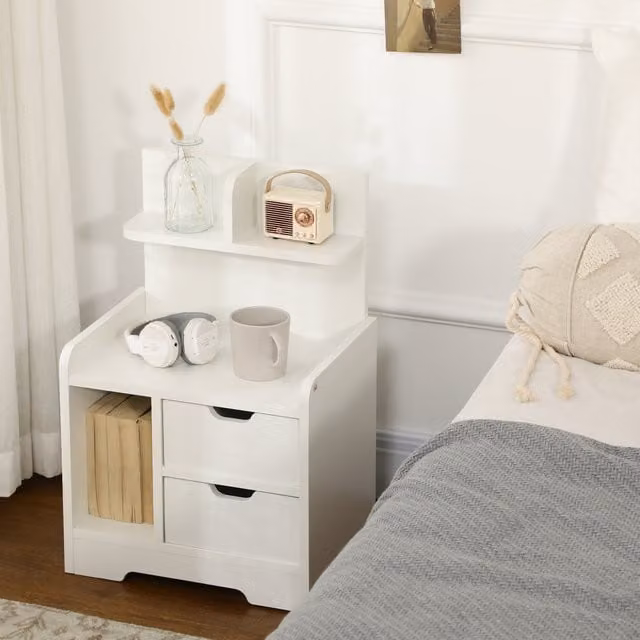 HOMCOM White Bedside Table with 2 Drawers and Shelves