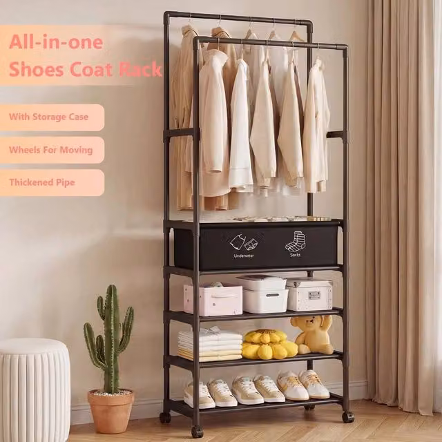FLAVORA Matt Black Metal Double-Rod Clothes Rail, W/D/H: 50 x 50 x 185 cm
