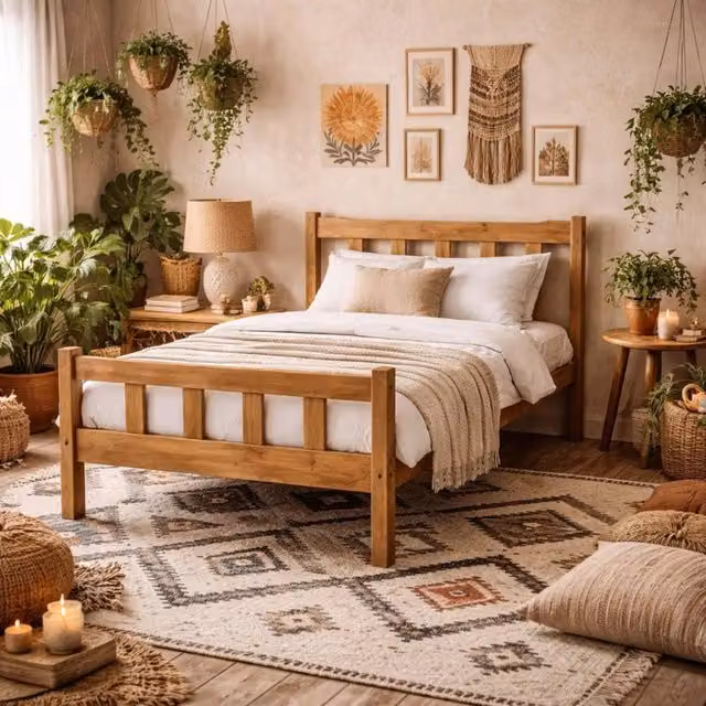 Wyld Haus Tralee Double Pine Bed with Slatted Headboard and Footboard in Brown
