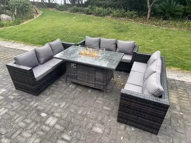 Fimous 9 Seater U Shape Rattan Garden Furniture Set with Gas Firepit and Dining Table in Dark Grey
