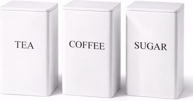 Kelvenix White Tea Coffee and Sugar Canister Set of 3 in White Metal